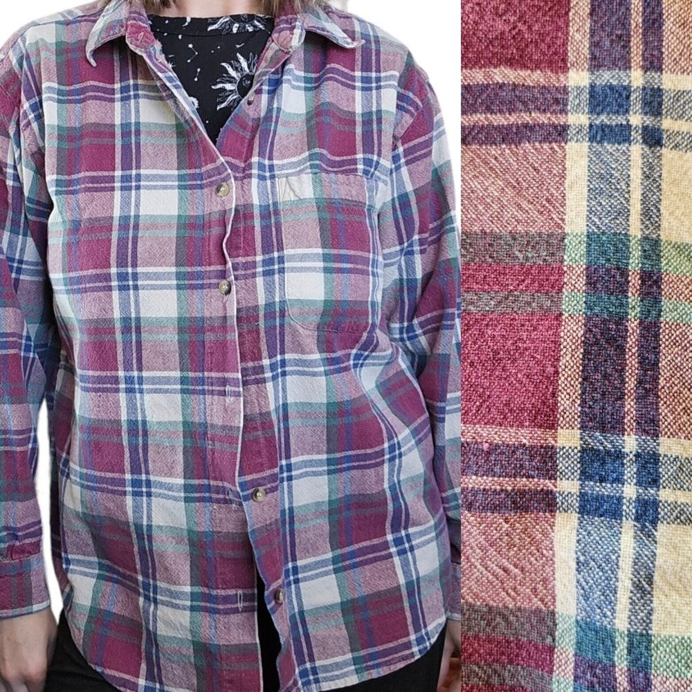 90s Womens M‎ Plaid Button Up Shirt Midweight Burgundy Green Cotton